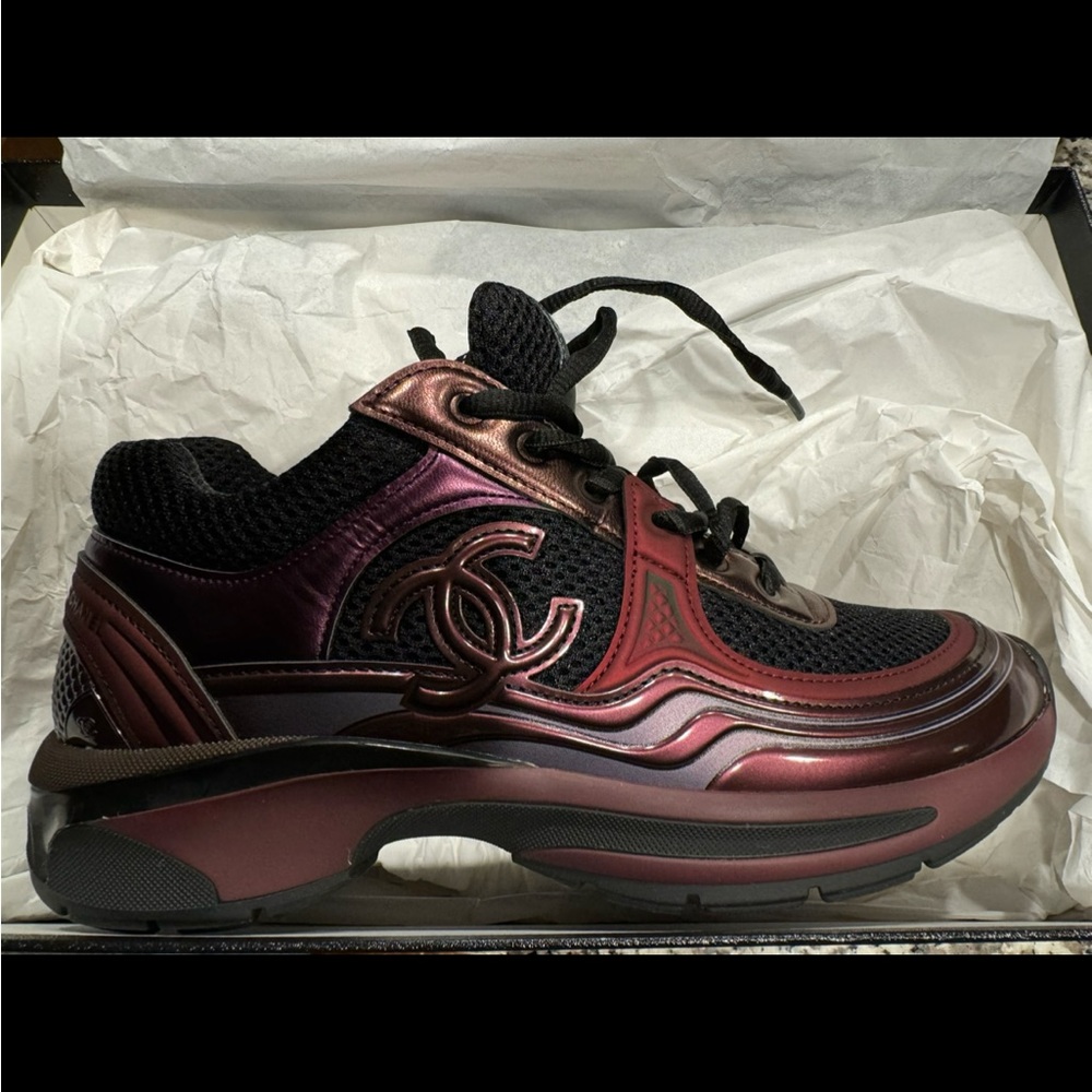Burgundy & black Chanel sneakers. Brand new